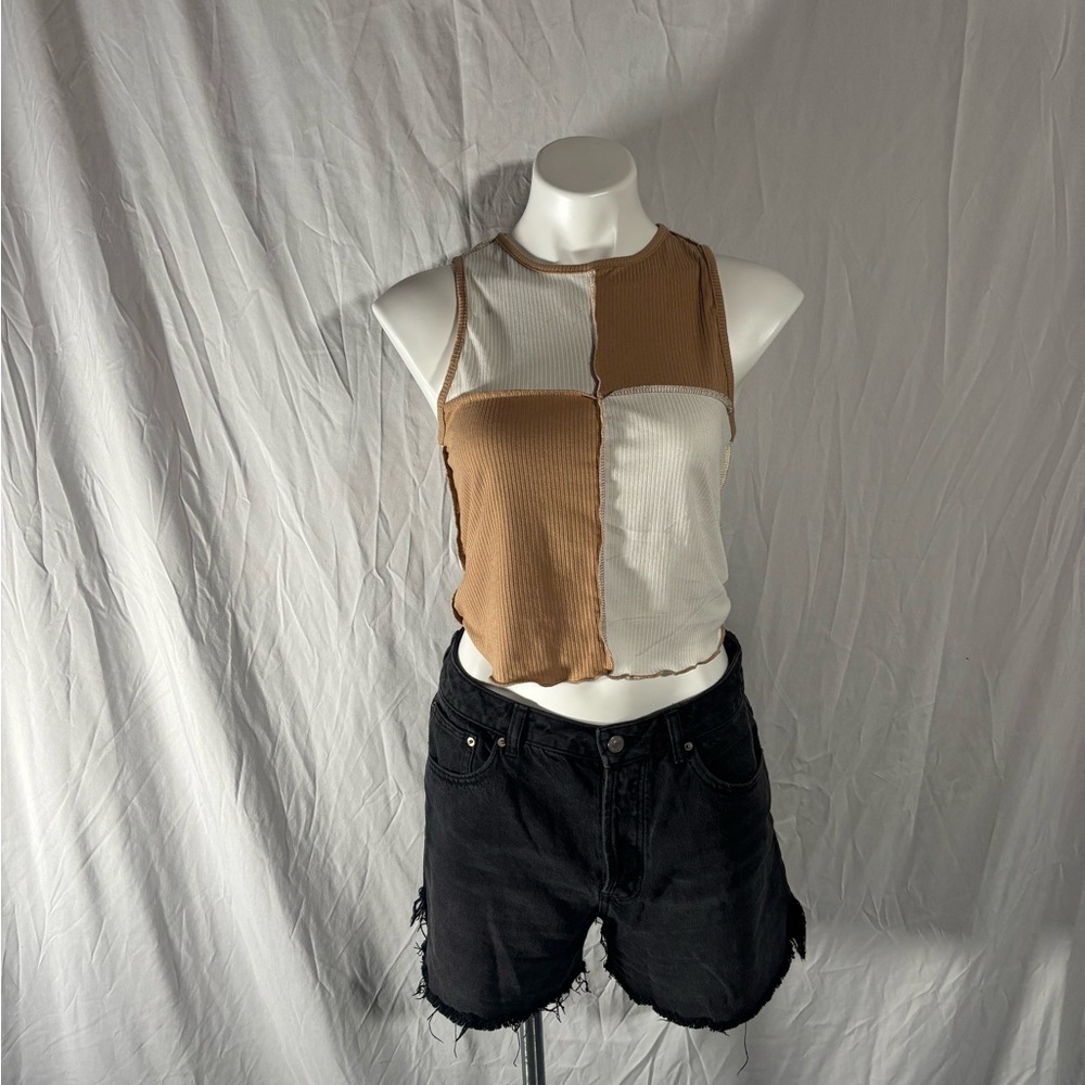 Gaze Cream and Tan Asymmetrical Crop Tank Top